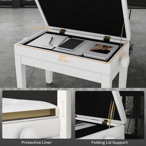 Adjustable Piano Bench with Storage and Soft PU Leather Padded, with Enough Music Storage Design, White