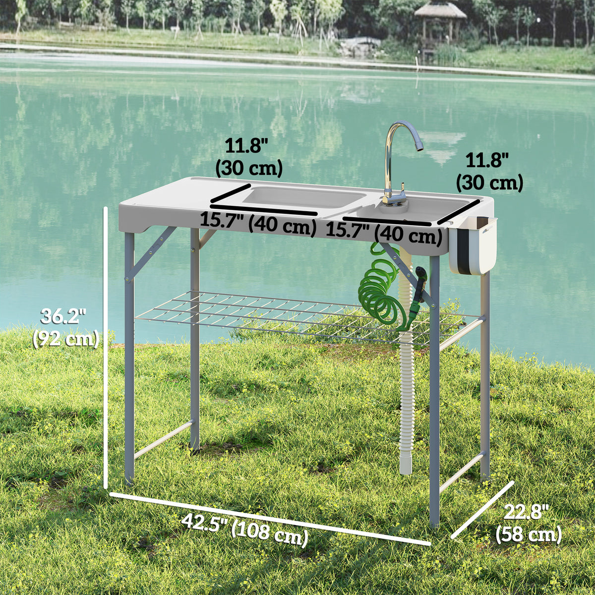 Folding Fish Cleaning Table with Sinks, Camping Sink with Faucet Drainage Hose Sprayer Shelf, Grey – view 2