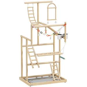 Bird Playground, 4 Layer Wooden Play Stand with Ladders, Chain Toy, Stainless Steel Cups and Tray for Small Birds