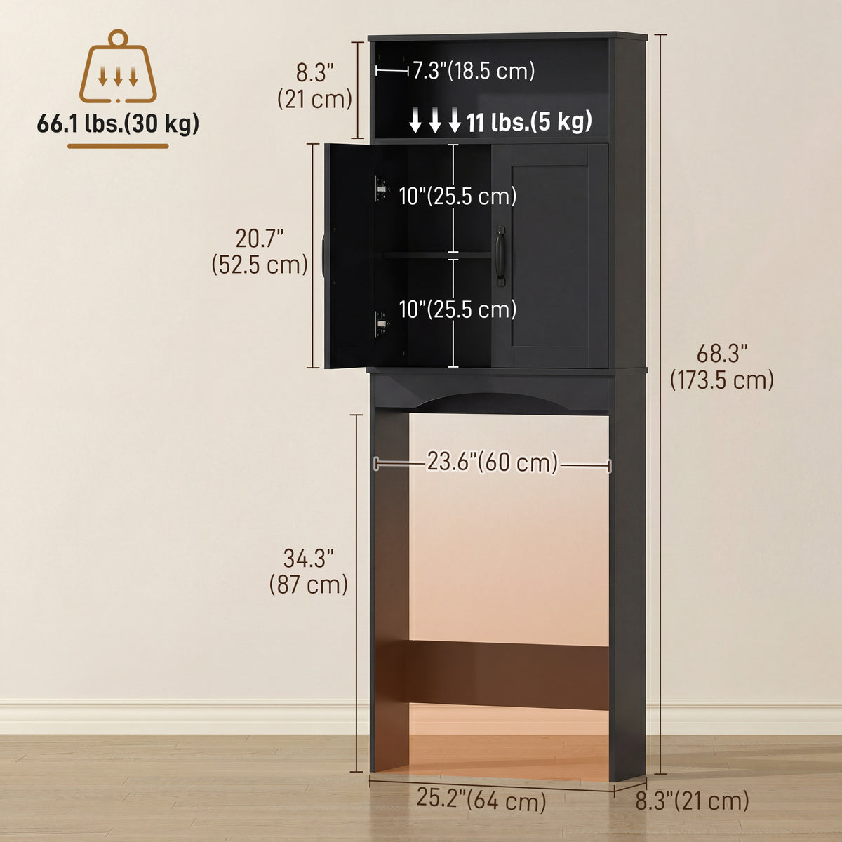 Over the Toilet Storage Cabinet Freestanding Bathroom Organizer with 2 Doors and Open Shelf Black – view 2