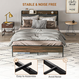 Queen Size Bed Frame with Charging Station, Queen Bed Frame with Upholstered Headboard and Storage Shelf, Walnut