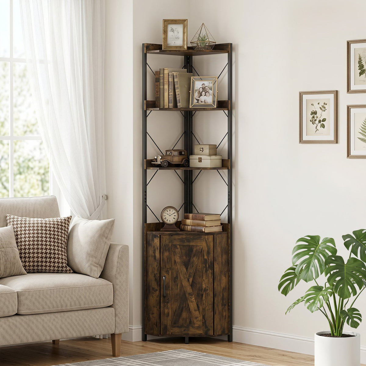 Tall Corner Storage Cabinet with 3-Tier Shelf and Enclosed Cabinet-Rustic Brown view 2