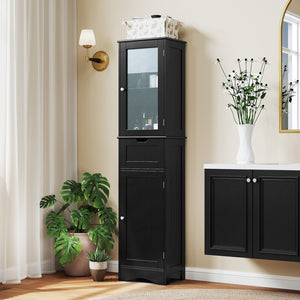 Tall Floor Storage Cabinet with 2 Doors and 1 Drawer for Bathroom-Black view 2
