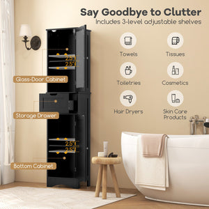 Tall Floor Storage Cabinet with 2 Doors and 1 Drawer for Bathroom-Black view 6