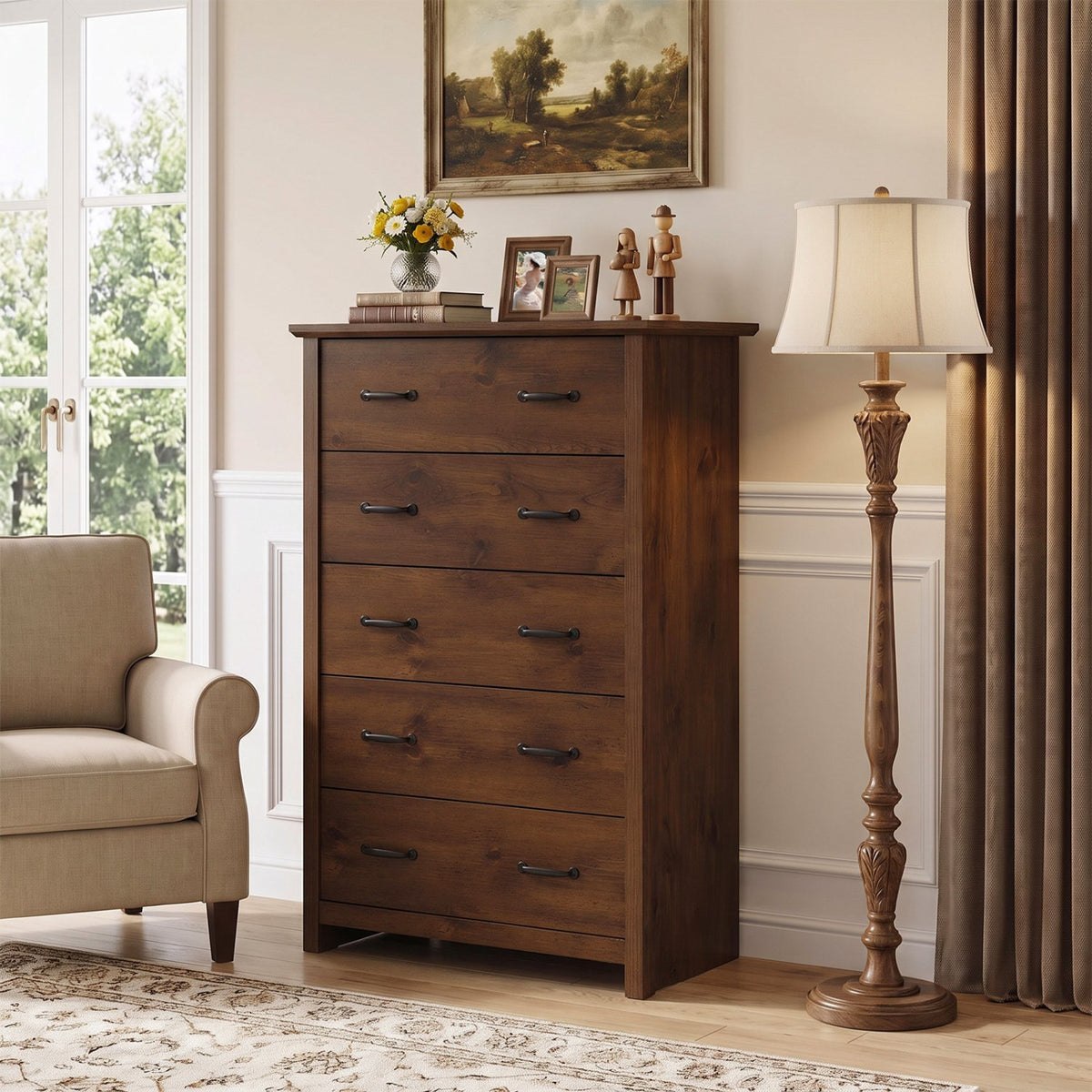 Tall Storage Dresser with 5 Pull-out Drawers for Bedroom Living Room-Walnut view 2