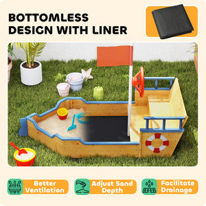 Kids Wooden Sandbox Pirate Ship Sandboat Outdoor Backyard Playset Children Sandpit w/ Bench Seat Storage Space & Flag for 3-6 Years Old