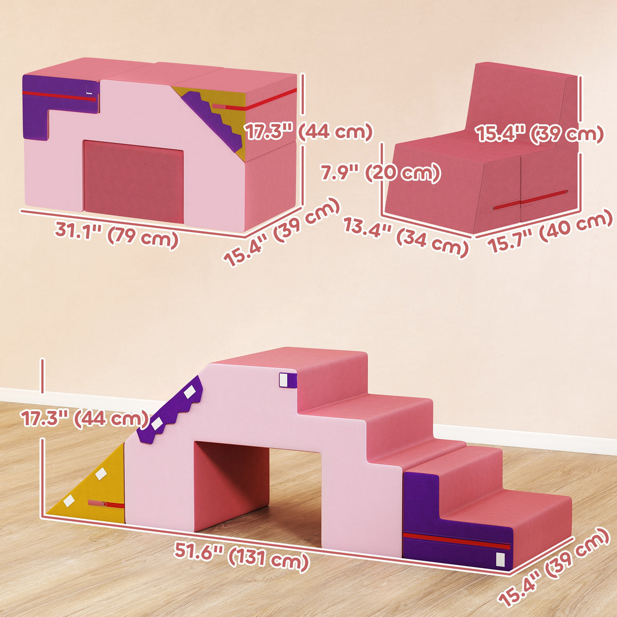 Qaba 2-Piece Climbing Foam Blocks for Toddlers with Detachable Cover, Indoor Climb and Crawl Activity PlaySet, Pink