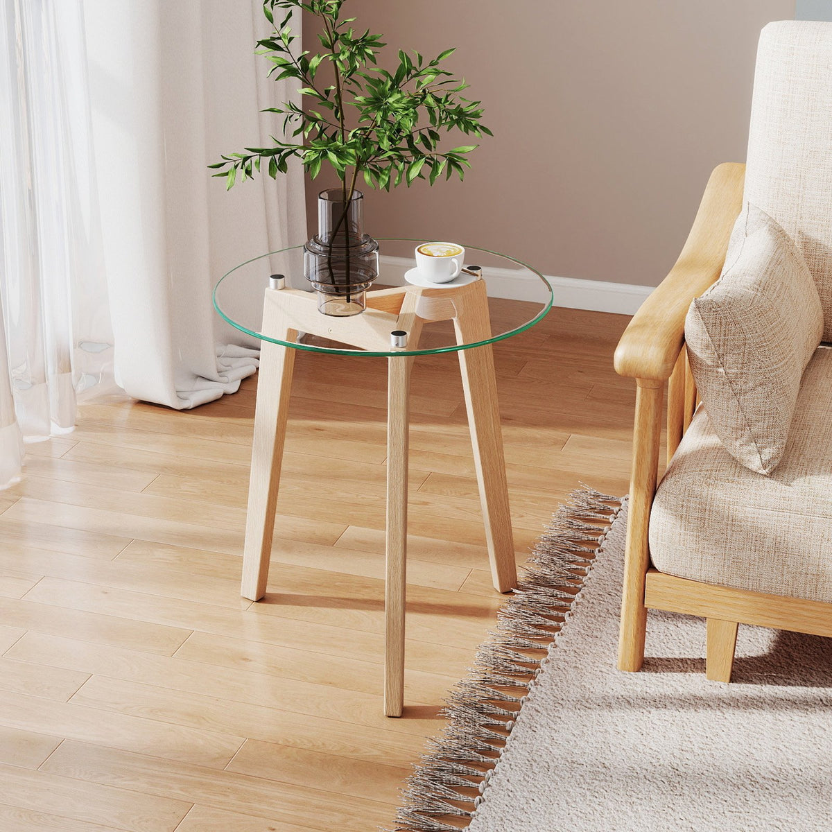 Tempered Glass End Table Round with Solid Rubber Wood Structure-1 Piece view 2