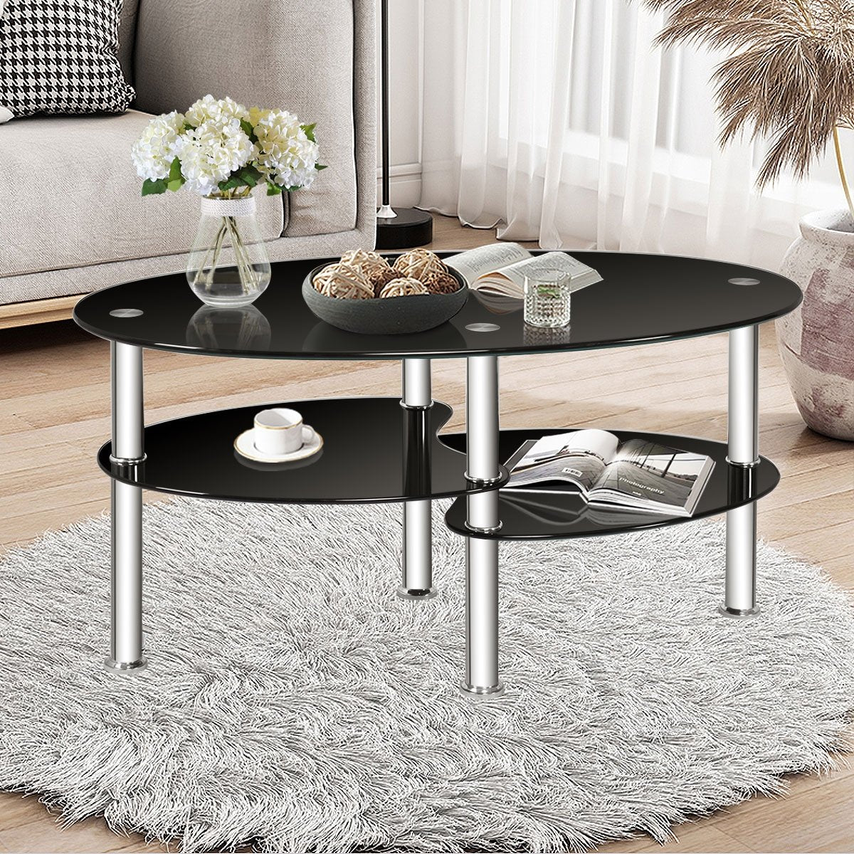 Tempered Glass Oval Side Coffee Table-Black view 2
