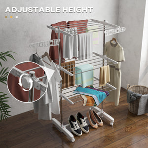 3-Tier Foldable Clothes Drying Rack, Stainless Steel Laundry Rack with 2 Side Wings and 6 Castors, Collapsible Adjustable Clothes Airer for Indoor Outdoor, White