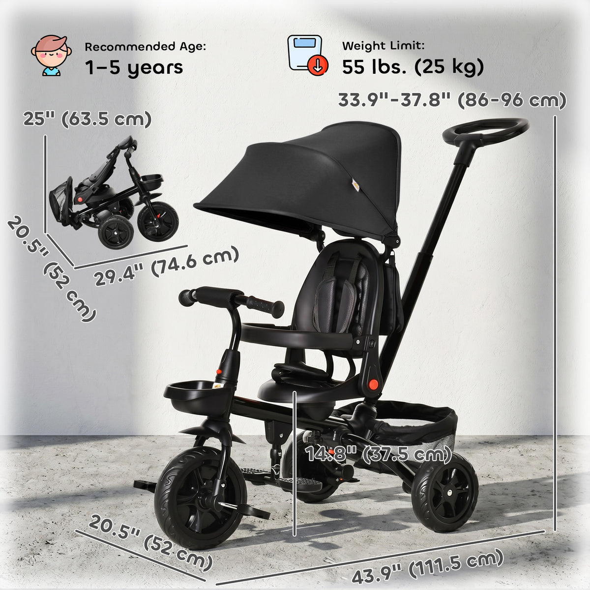 Qaba Tricycle for Toddler 5 in 1 Kids Trike, Foldable Converts Stroller to Toddler Bike, Adjustable Backrest & Curved Canopy, Detachable Guardrail & Handle for 1-5 Years Old