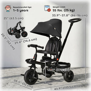 Qaba Tricycle for Toddler 5 in 1 Kids Trike, Foldable Converts Stroller to Toddler Bike, Adjustable Backrest & Curved Canopy, Detachable Guardrail & Handle for 1-5 Years Old