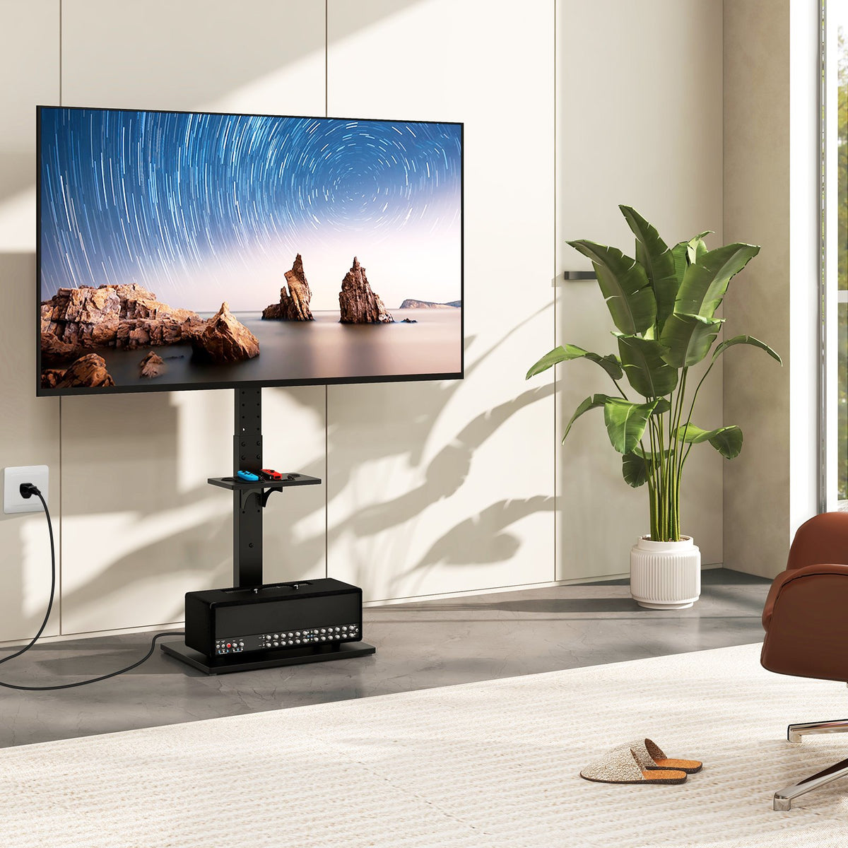 Tilt and Height Adjustable Floor TV Stand with Power Outlet and Adjustable AV Shelf view 2