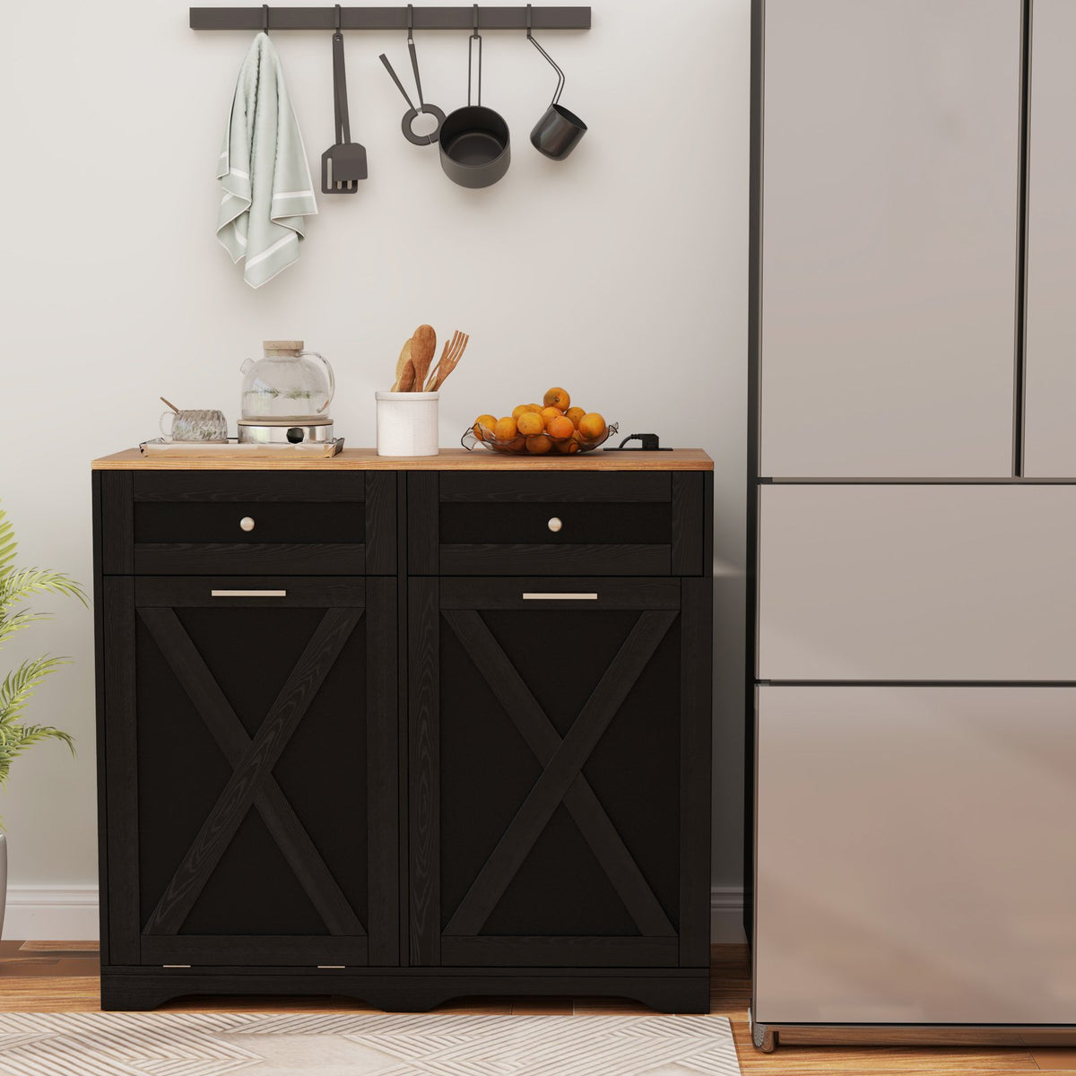 Tilt Out Trash Can Cabinet with Outlets and Adjustable Shelf-Black view 2