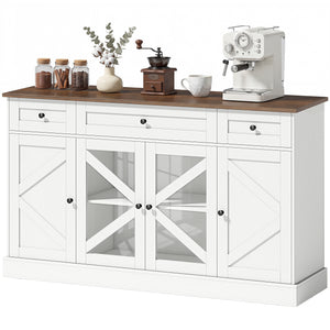 Sideboard Buffet Cabinet, 54" Farmhouse Kitchen Storage Cabinet with Acrylic Barn Doors and 3 Drawers, White Wood Grain