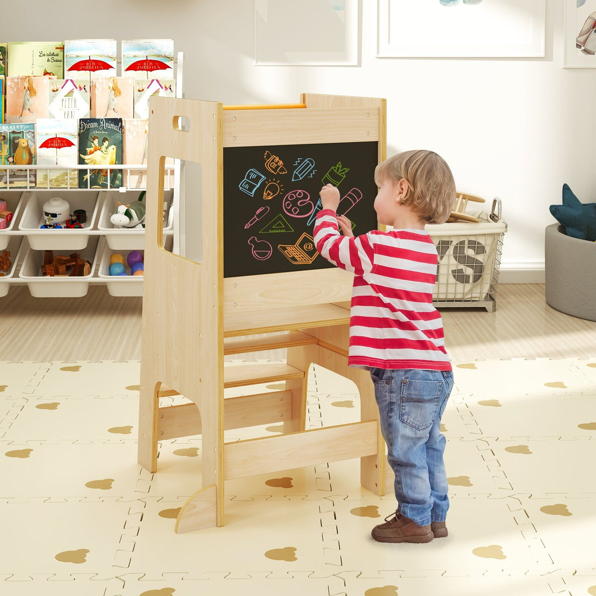 Toddler Kitchen Step Stool with Activity Chalkboard and Adjustable Height-Natural view 2
