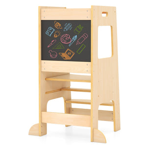 Toddler Kitchen Step Stool with Activity Chalkboard and Adjustable Height-Natural view 3