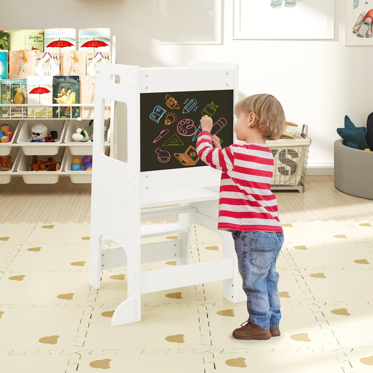 Toddler Kitchen Step Stool with Activity Chalkboard and Adjustable Height-White view 2
