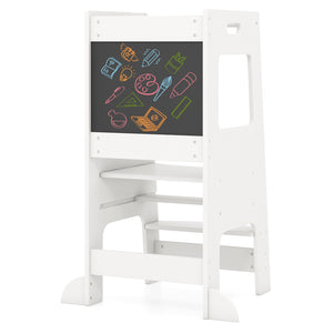 Toddler Kitchen Step Stool with Activity Chalkboard and Adjustable Height-White view 3