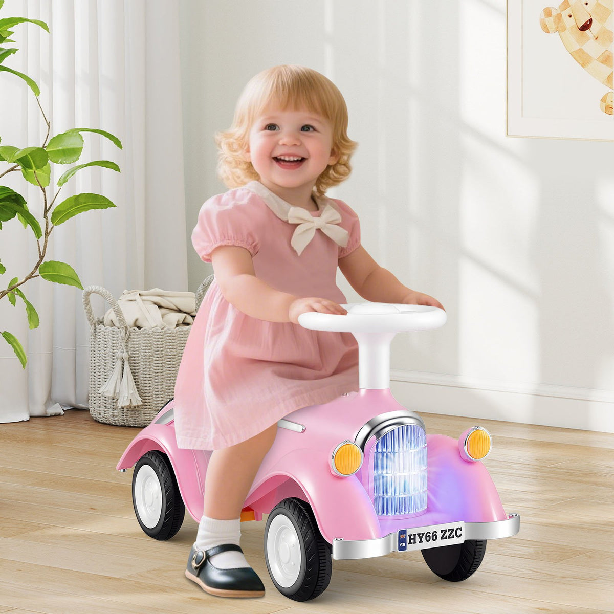 Toddler Ride on Toy Classic Sliding Car with Horn and LED Headlight-Pink view 2