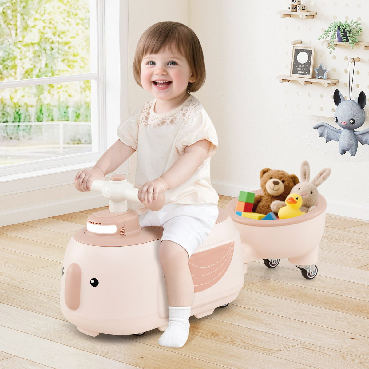 Toddler Ride on Toy with Trailer and Light Music-Beige view 2