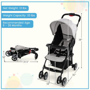 Toddler Travel Stroller for Airplane with Canopy and Adjustable Backrest-Gray view 5