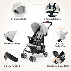 Toddler Travel Stroller for Airplane with Canopy and Adjustable Backrest-Gray view 9