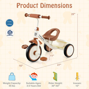 Toddler Tricycle Kids Trike with Adjustable Seat and Basket Aged 3-5 Years Old-Beige view 4