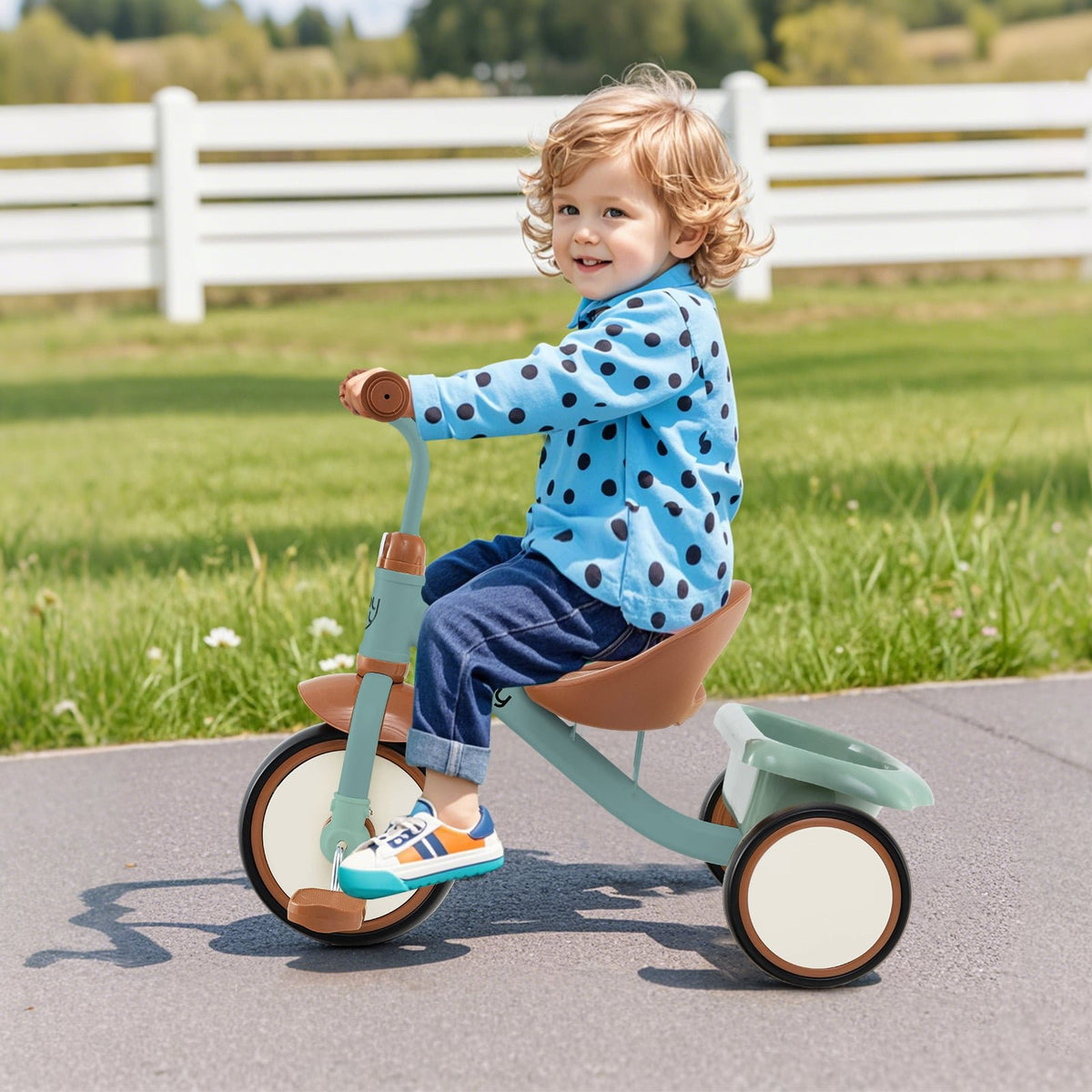 Toddler Tricycle Kids Trike with Adjustable Seat and Basket Aged 3-5 Years Old-Green view 2