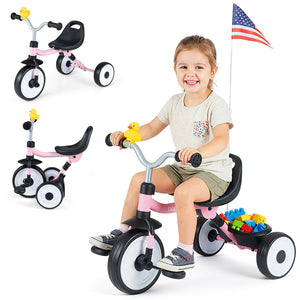 Toddler Tricycle with 3-Position Seat and Storage Basket for Kids-Pink