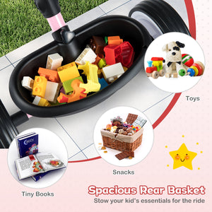Toddler Tricycle with 3-Position Seat and Storage Basket for Kids-Pink view 6