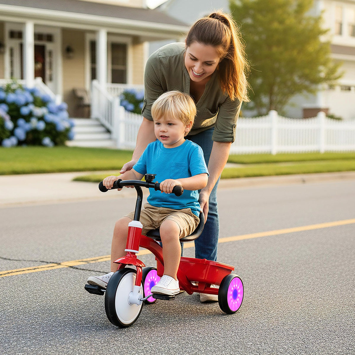 Toddler Tricycle with Glowing Wheels and 4-Level Adjustable Seat view 2