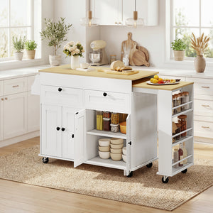 Kitchen Island with Sliding Expandable Top, Rolling Kitchen Cart with Drawers, Cabinets & Spice Rack, White
