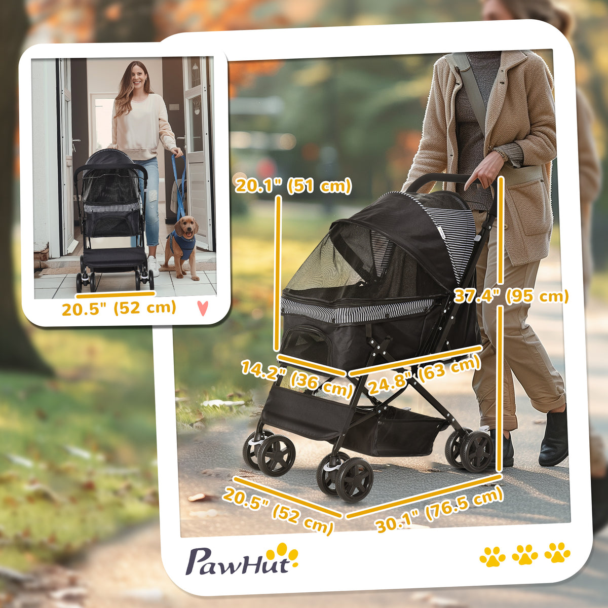 Foldable Cat Dog Travel Carriage, 4 Wheels Pet Stroller with EVA Wheel Brake, 3-stage Canopy, Mesh Window Door, Black