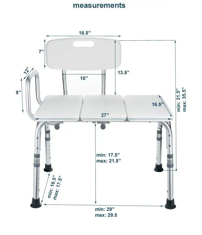 MOBB Transfer Bath Bench with Back, 27 in Seat, 300 lb