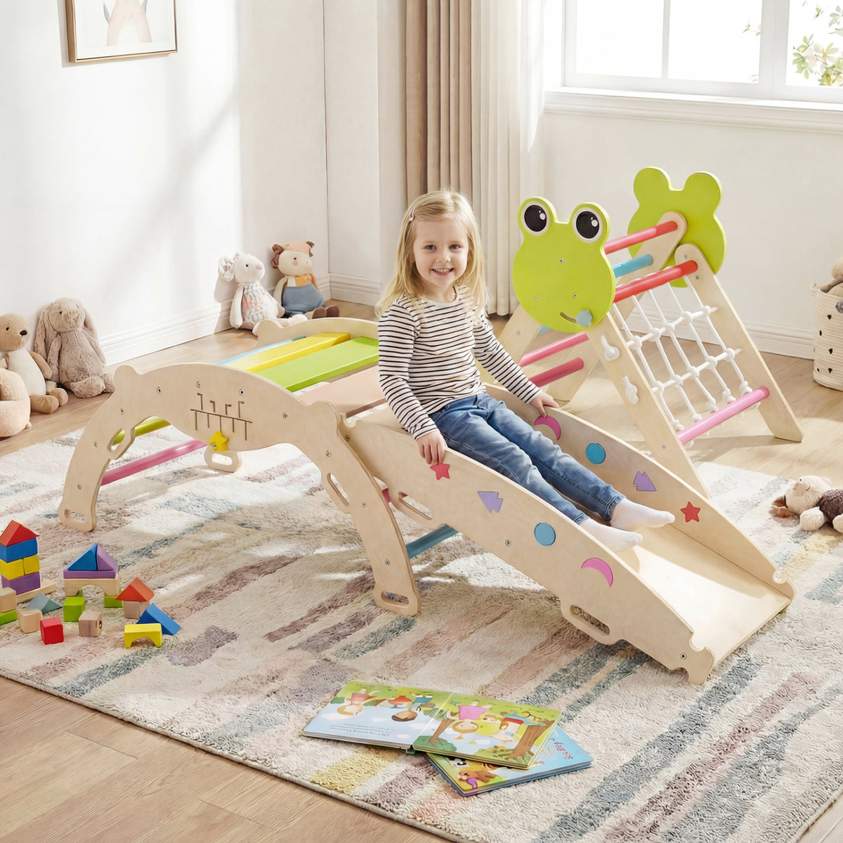Triangle Climbing Set Foldable Jungle Gym with Arch Ramp and Climber-Multicolor view 2