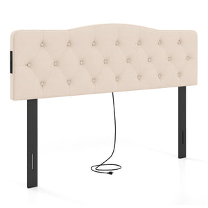 Tufted Upholstered Head Board for Queen and Full Size Bed with 2 AC Outlets-Beige