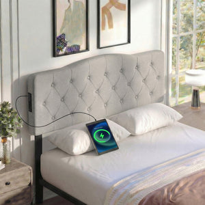 Tufted Upholstered Head Board for Queen and Full Size Bed with 2 AC Outlets-Gray view 6