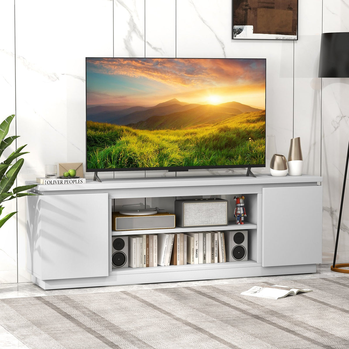 TV Cabinet with 3 Adjustable Shelves and Anti-Tipping Kits for TVs up to 80 Inch-White view 2