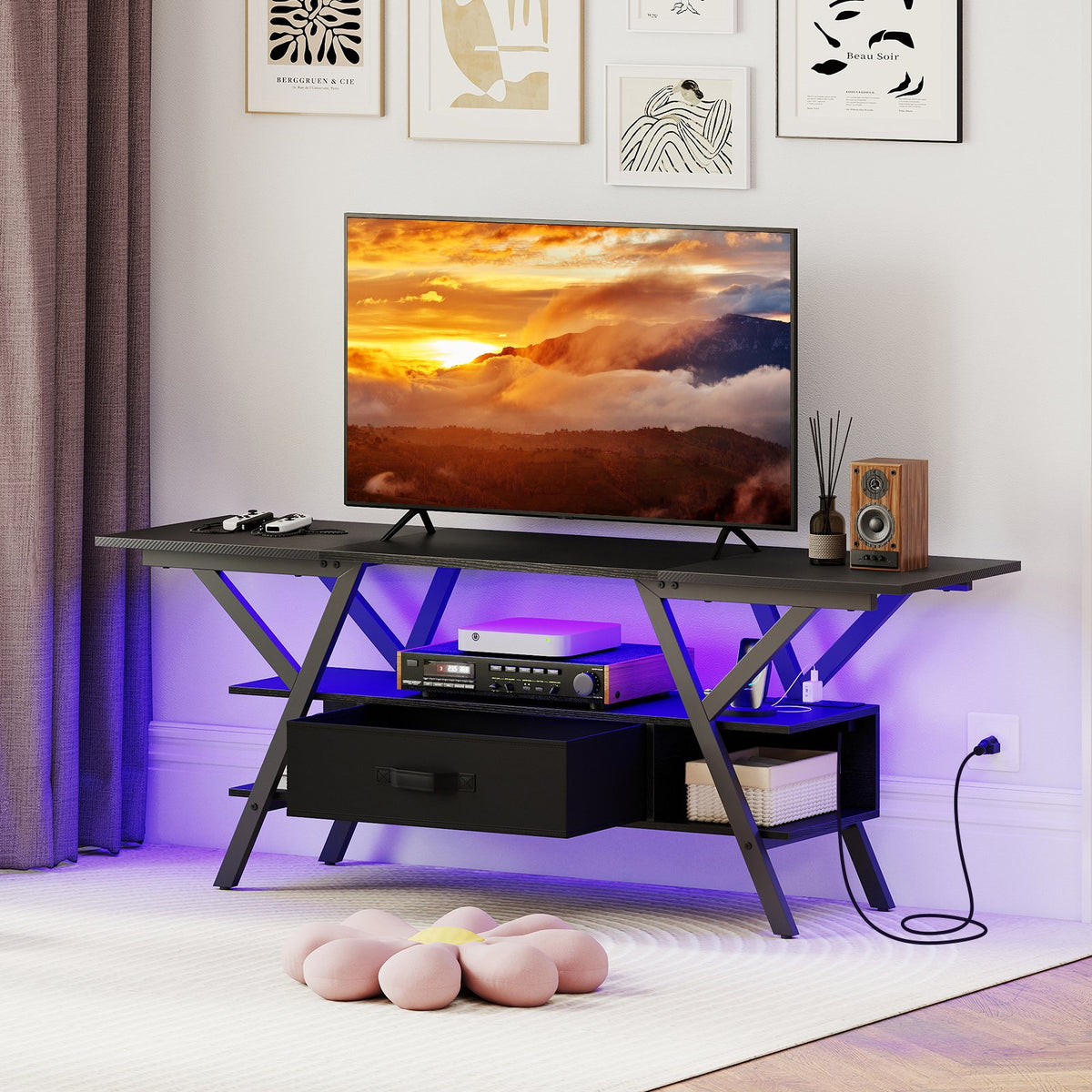 TV Stand for 65 Inch TVs with Power Outlets and LED Lights-Black view 2
