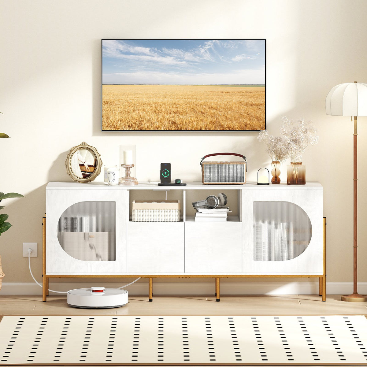 TV Stand for 70 Inch TV with Power Outlets Drawers and Open Shelves-White view 2