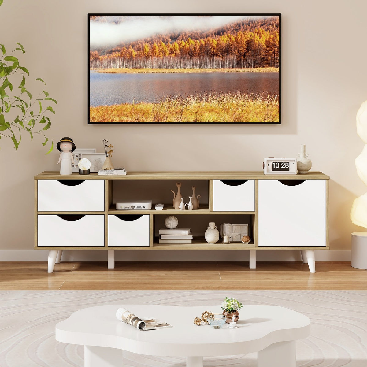 TV Stand for TVs up to 55” Television Cabinet w/ 4 Drawers & 2 Open Shelves-Oak view 2