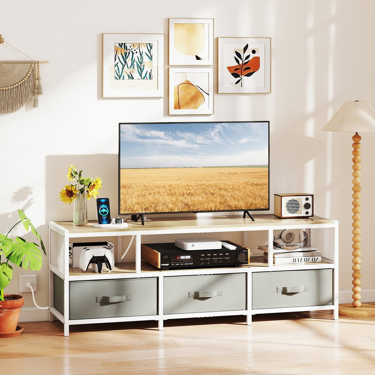 TV Stand for TVs up to 65 Inches with Power Outlets USB Charging-Natural view 2
