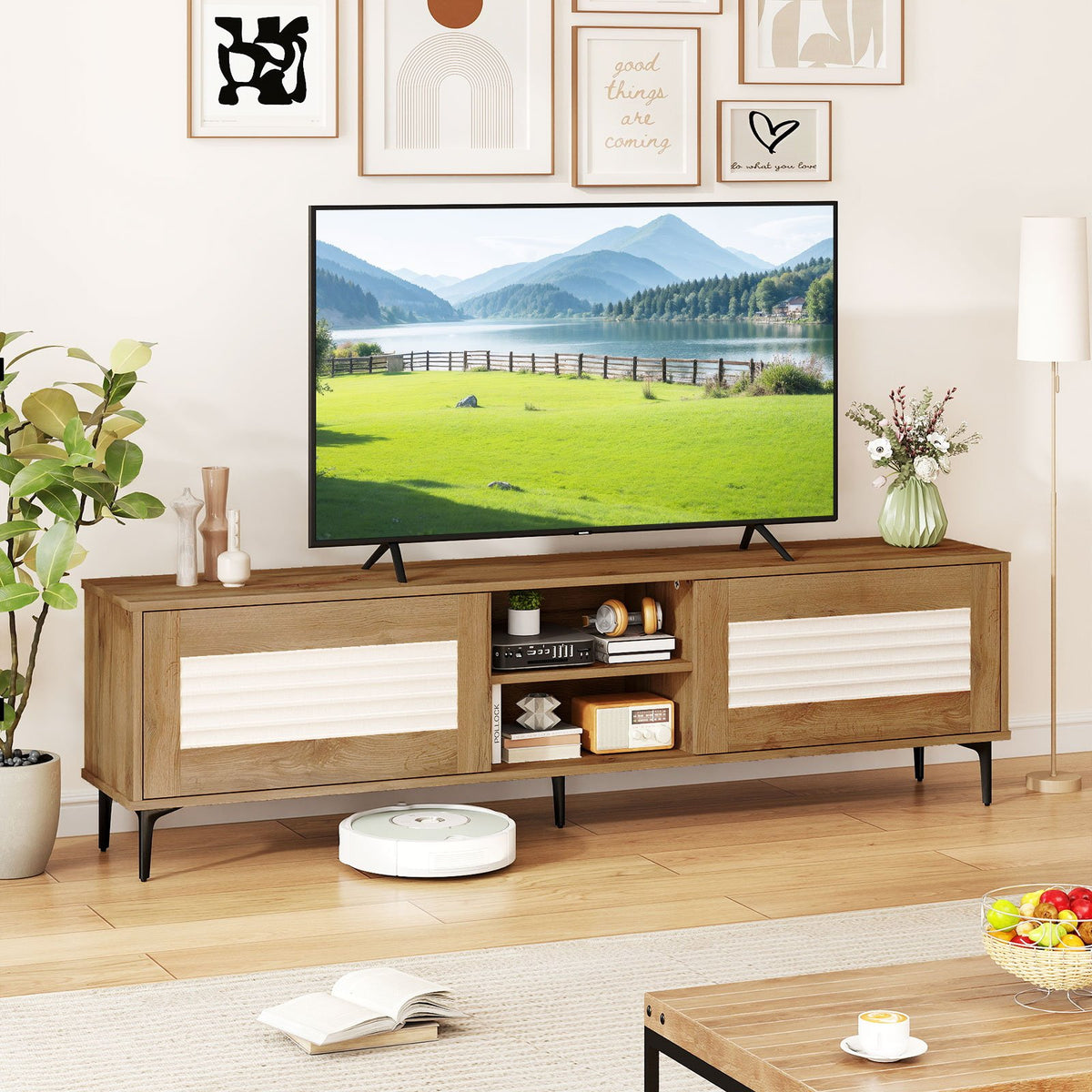 TV Stand for TVs up to 70 Inch Waveform Fluted Entertainment Center-Oak view 2