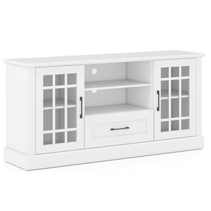 TV Stand for TVs up to 70, with Glass Doors Cubbies and Drawer-White