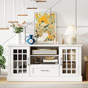 TV Stand for TVs up to 70, with Glass Doors Cubbies and Drawer-White view 2