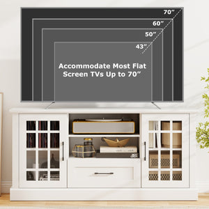 TV Stand for TVs up to 70, with Glass Doors Cubbies and Drawer-White view 8
