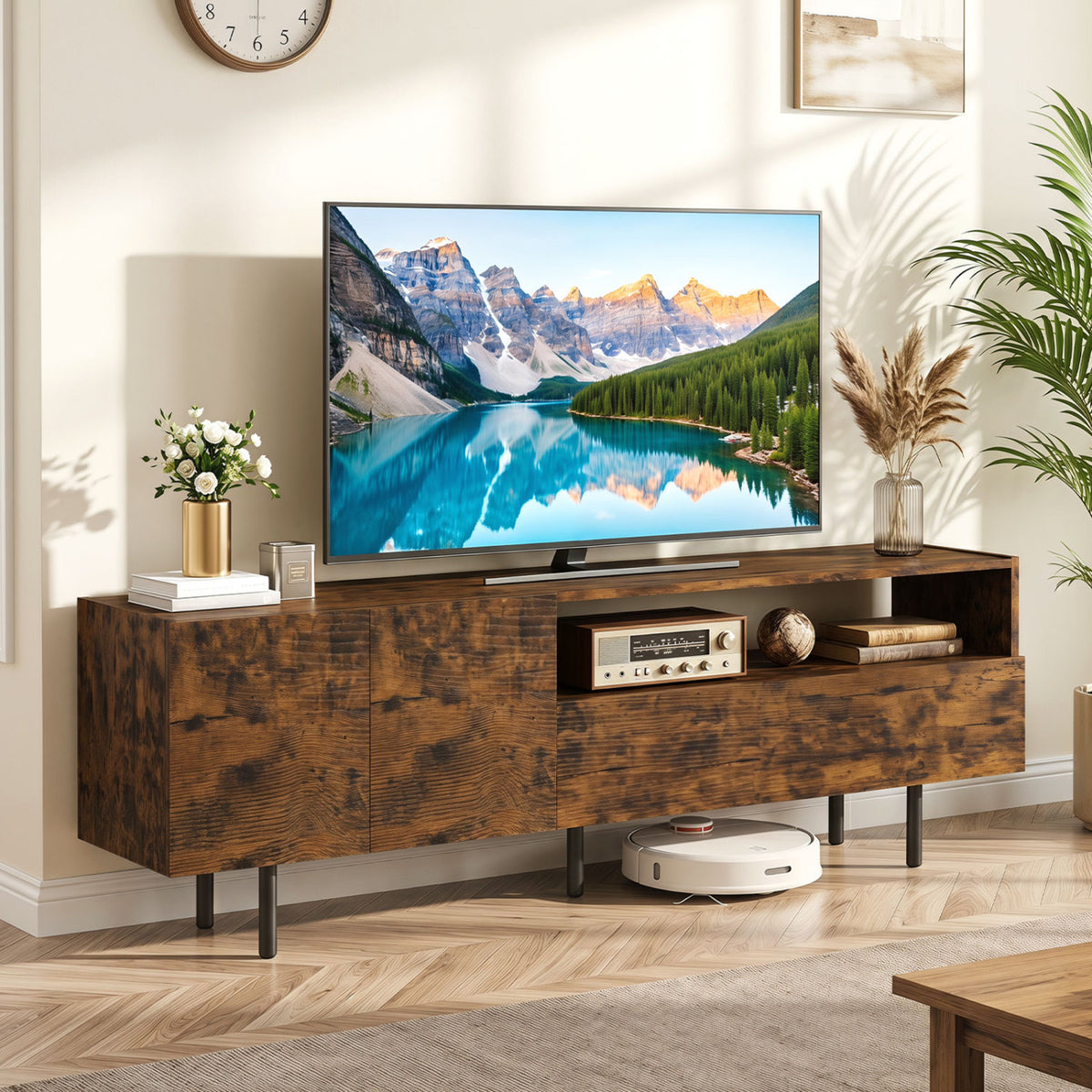 TV Stand for TVs up to 70 inches with Storage Cabinet and Raised Metal Legs-Rustic Brown view 2