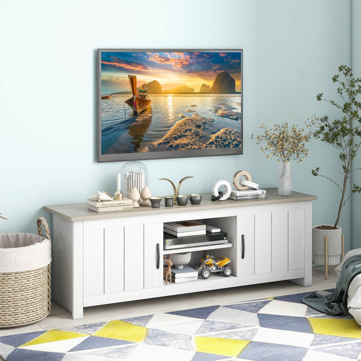 TV Stand with 2 Cabinets and Open Shelves for TVs up to 65 Inch-Natural view 2