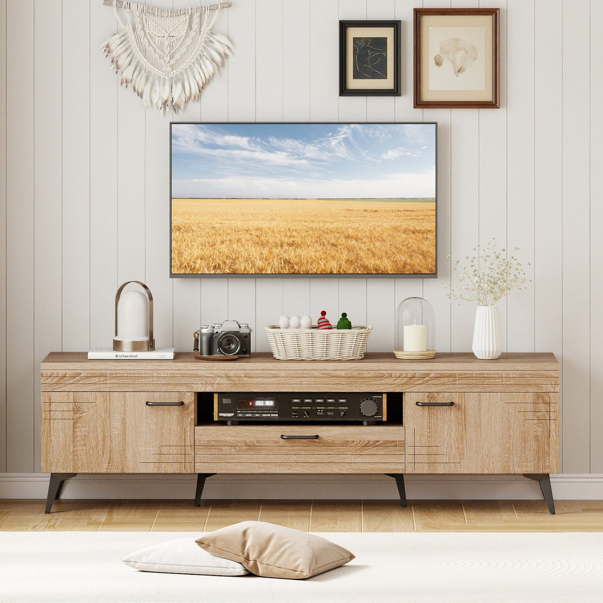 TV Stand with 2 Cabinets and Storage Drawer for 65 Inches TVs-Oak view 2